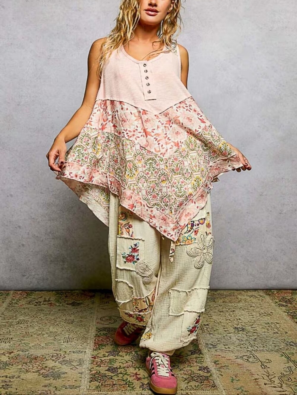 319.POL Boho Floral Long Comfy Oversized Top - Pink